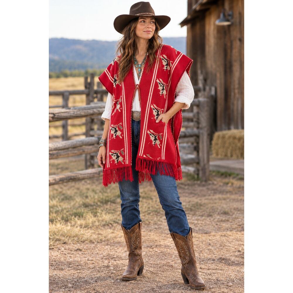 Vintage red intarsia knitted southwestern poncho birds and fringe